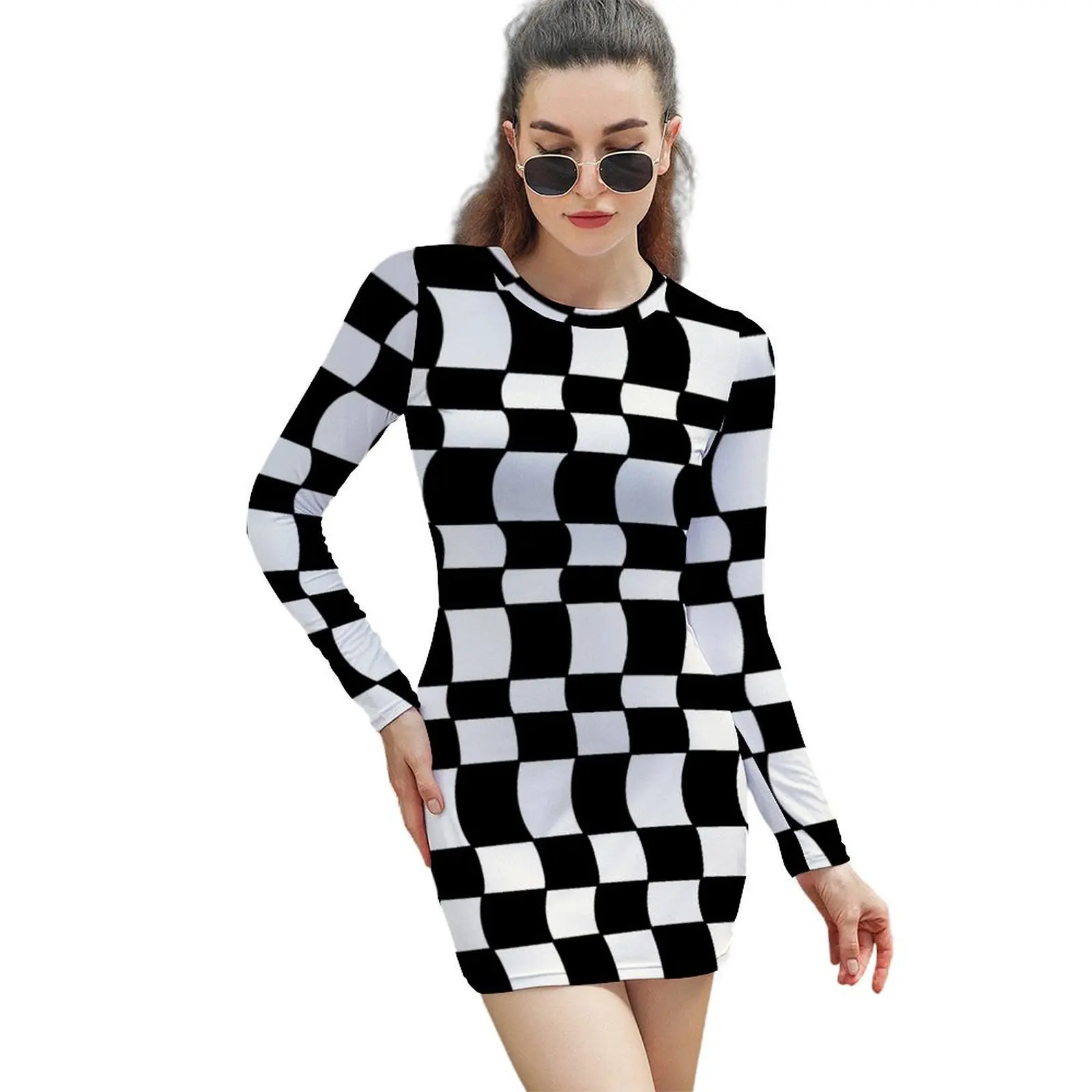 

Geo Check in Black and White Long-Sleeved Sheath Dress Women's dresses birthday dress