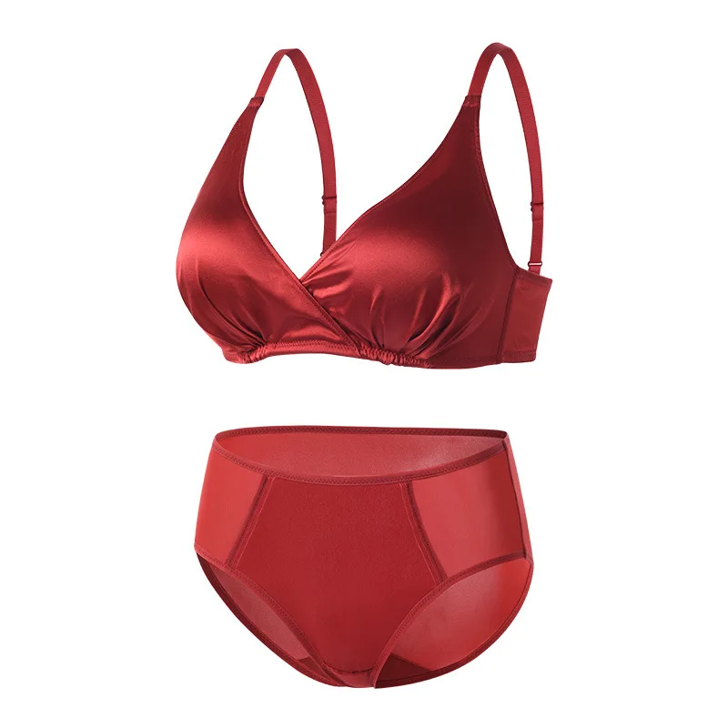 Silk sexy red underwear mid waist underwear set mulberry silk without steel ring thin gathered bra set without restriant