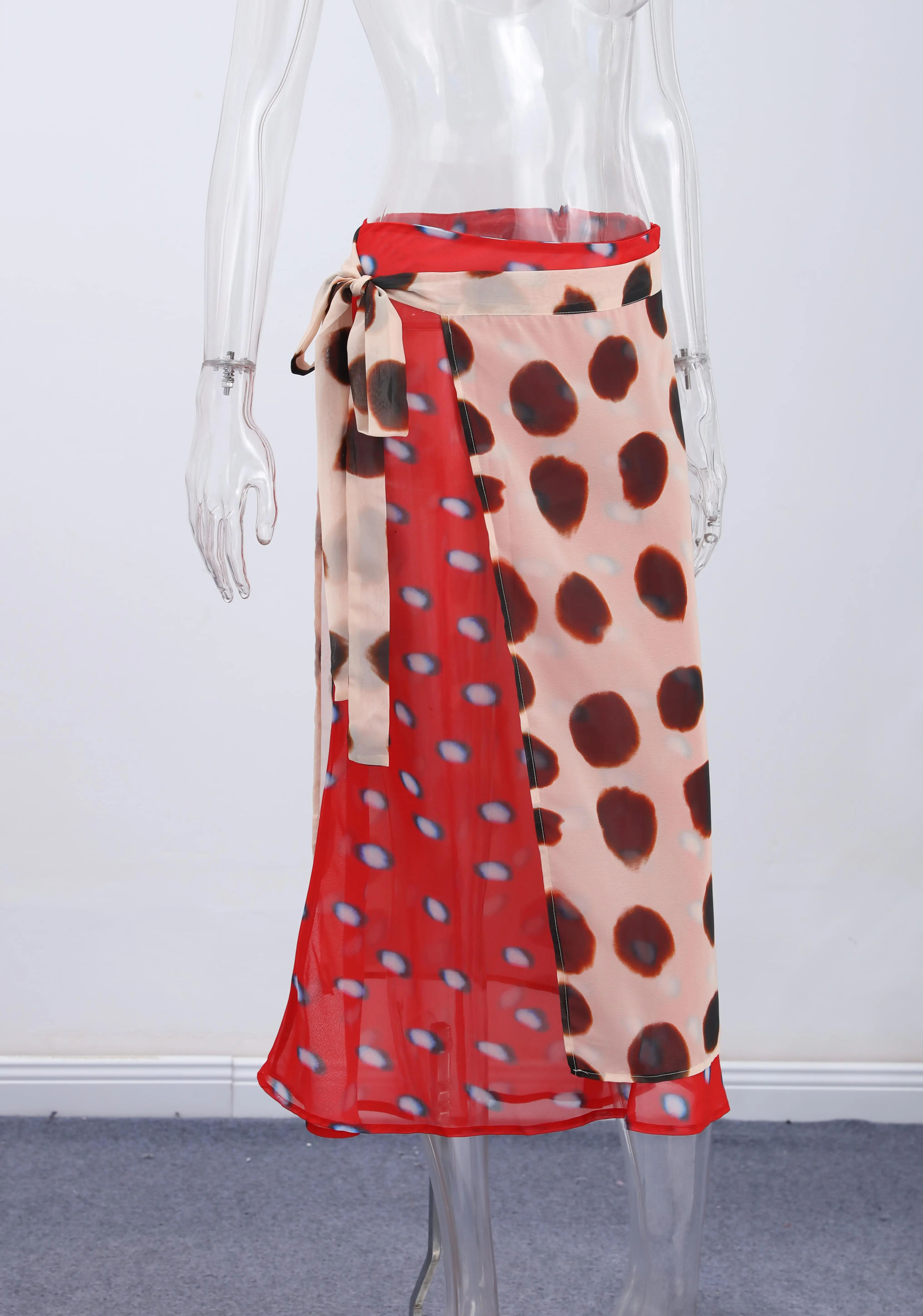 Two Tone Polka Dot Chiffon Wrap Skirt Women Tie Waist Asymmetric Hem Layered Midi Skirt For Summer Beach Vacation Casual Wear