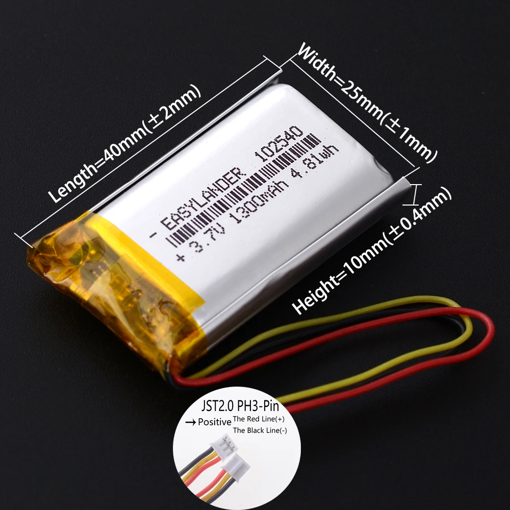 JST2.0mm 3Pin 3.7V 1300mAh 102540 Lithium Li-ion Polymer Battery 302540 402540 502540 602540 702540 802540 902540 122540