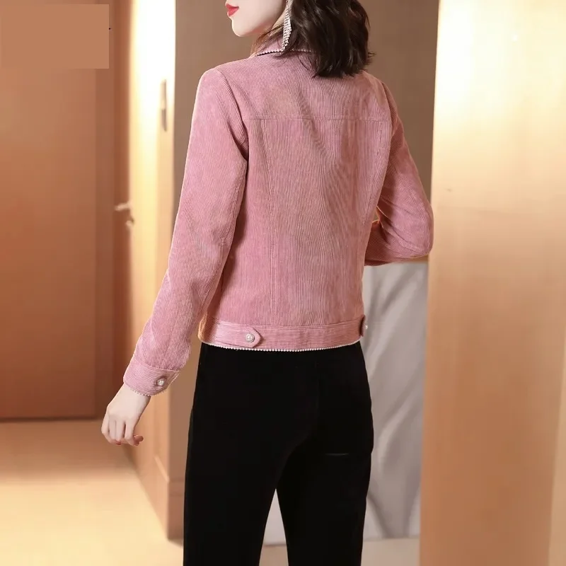 2023 Spring Autumn Pink Corduroy Short Jacket Women Small Coat Nail Bead Single-breasted Casual Outerwear Lady Tops With Lining