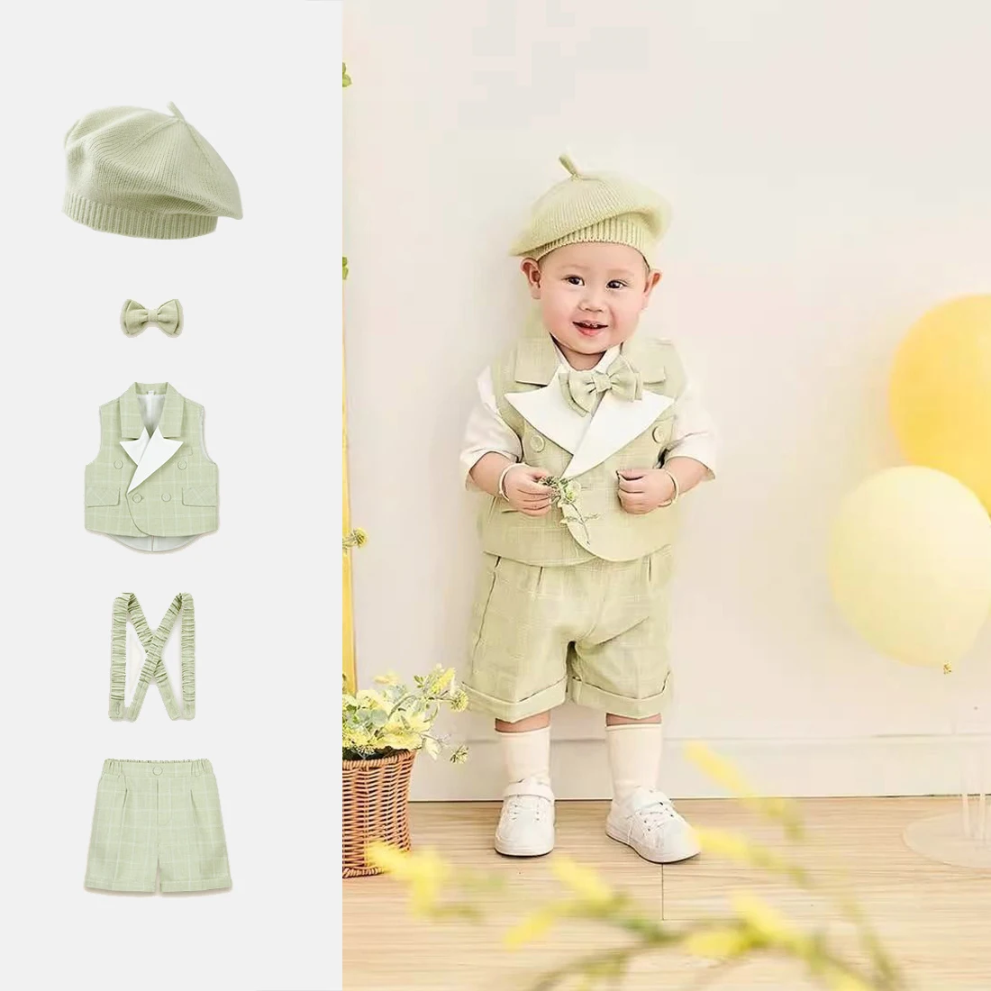 

Light Green Lattice Boys Summer Photography Suit Vest Shirt Shorts Bowtie with Hat Birthday Costume Kids Wedding Party Dress