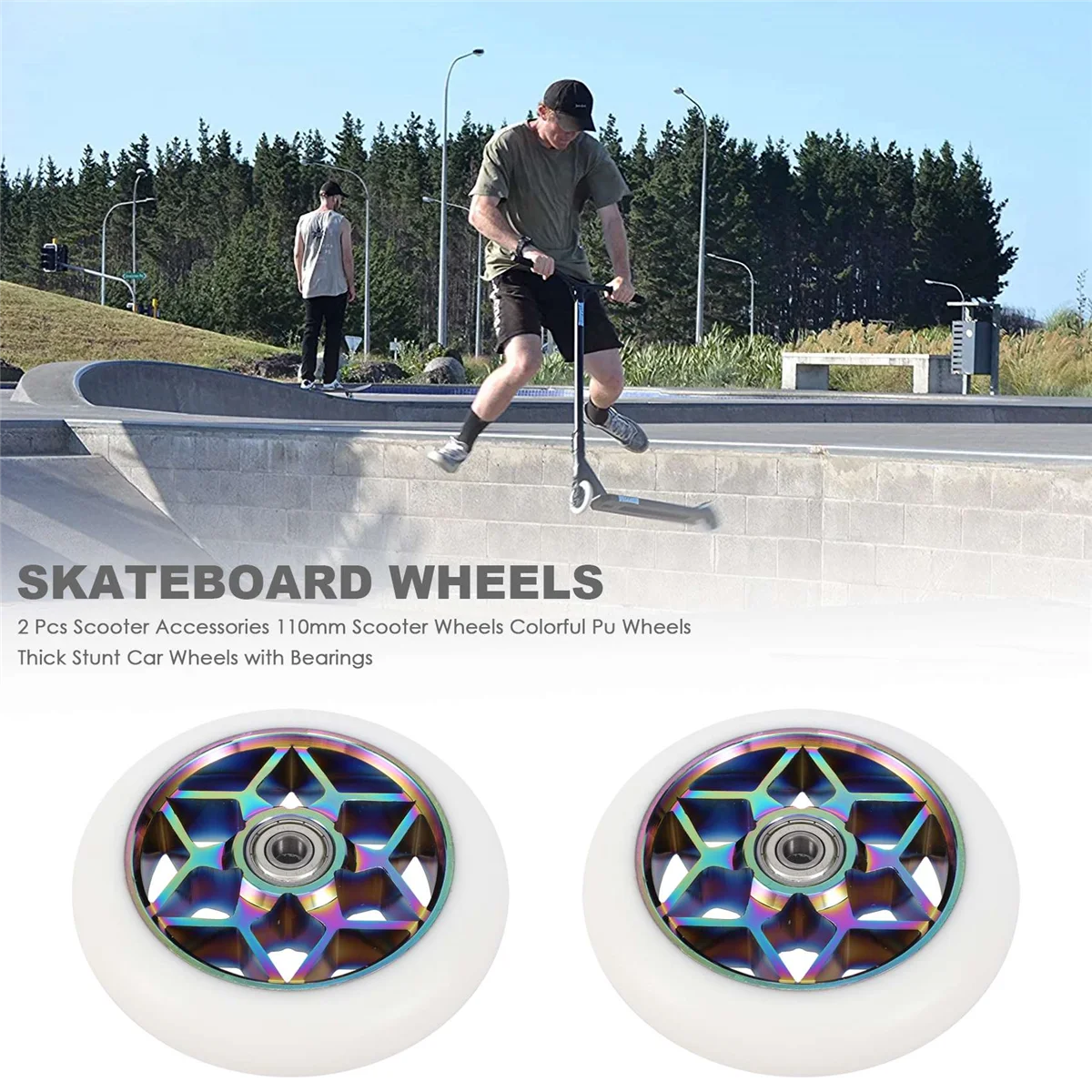 2 Stück Rollerzubehör 110 mm Rollerräder Bunte Pu-Räder Dicke Stunt-Autoräder mit Lagern (weiß)