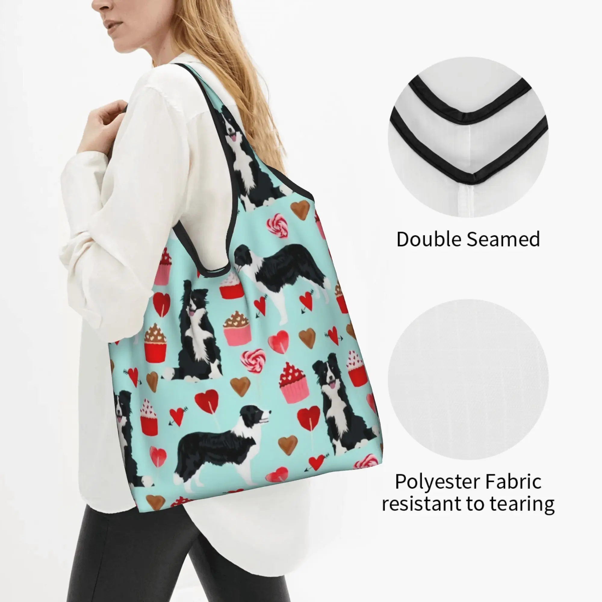 Kawaii Border Collie Valentines Love  Shopping Tote Bag Portable  Groceries Shoulder Shopper Bag