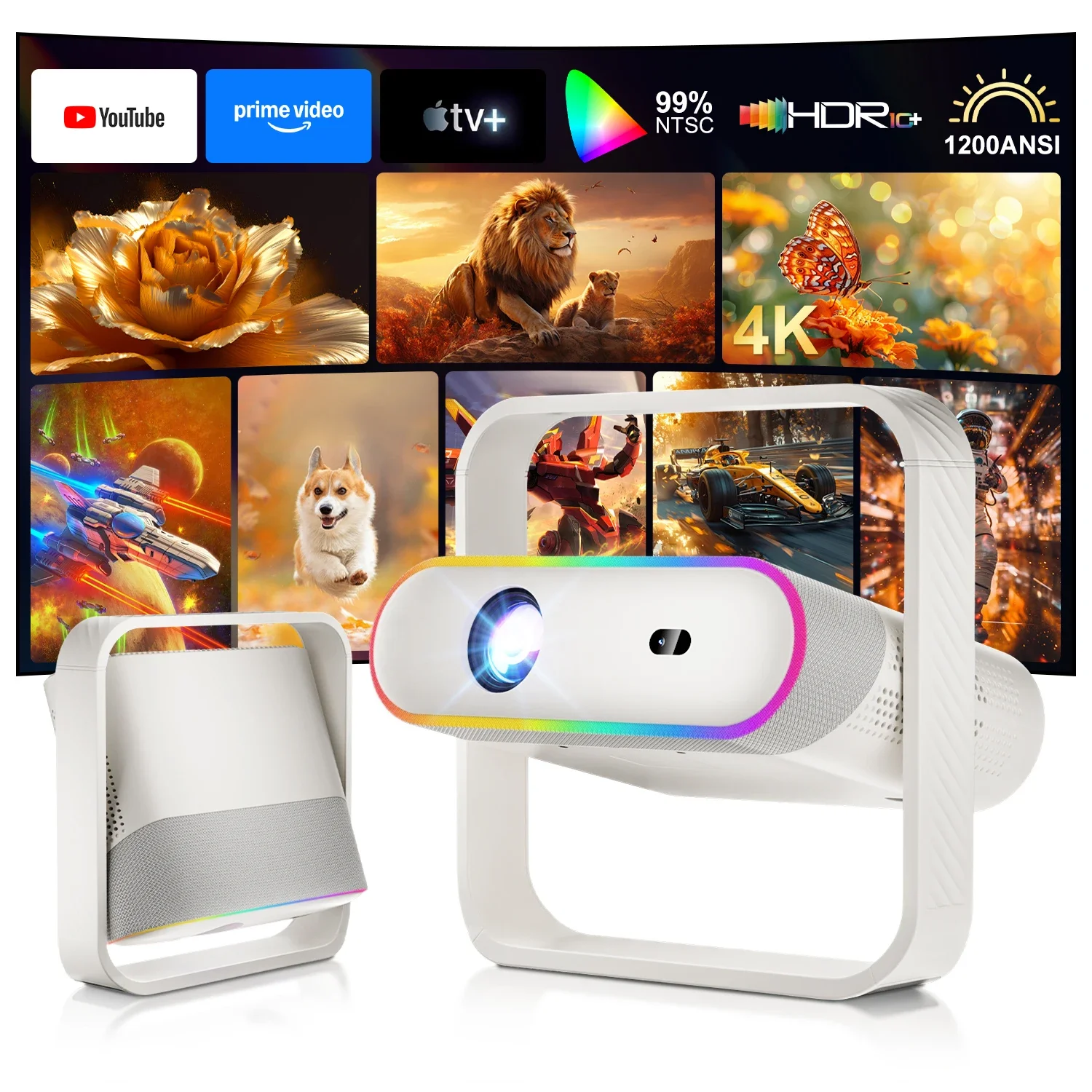 

2026 New Smart Projector Native 1080P Android Auto Focus BT5.4 WIFI6 70mm RGB Ambient Light HiFi Speaker Portable Home Cinema