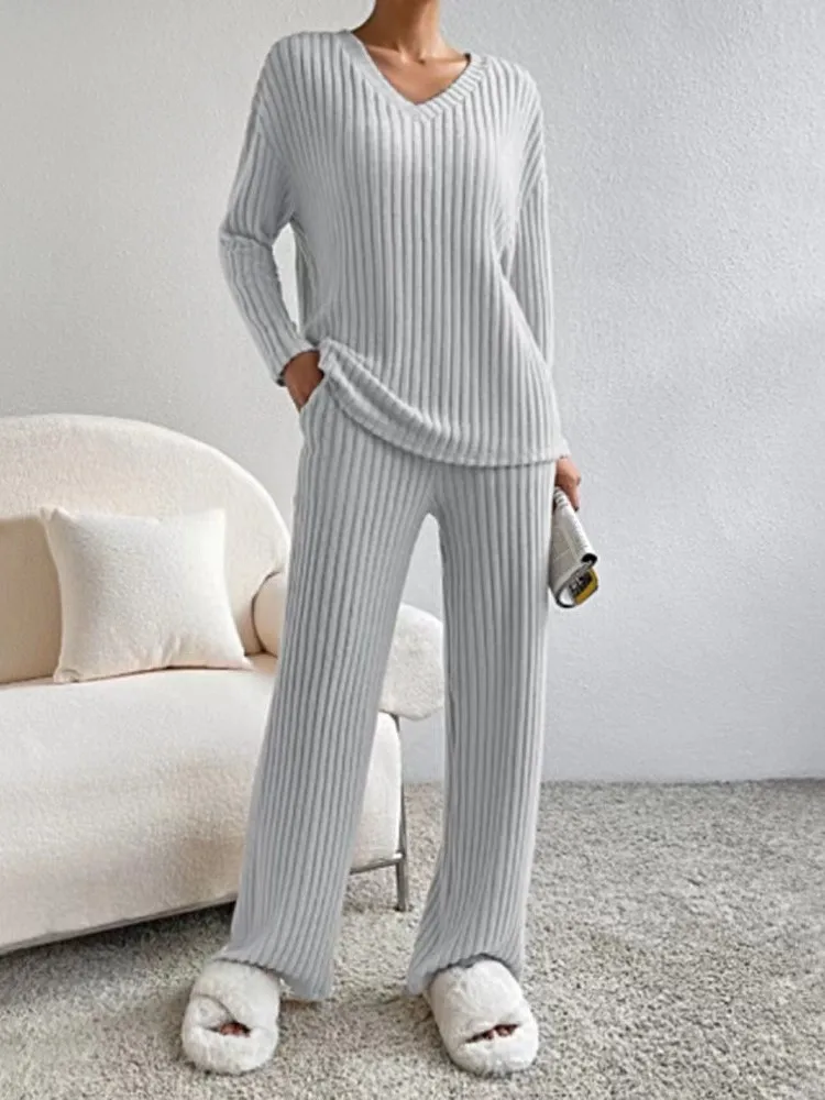 2024 Casual Sets For Women 2 Pieces Autumn New Loungewear Loose V-Neck Long Sleeve Top And Pit Strip Knitted Straight Pants Suit