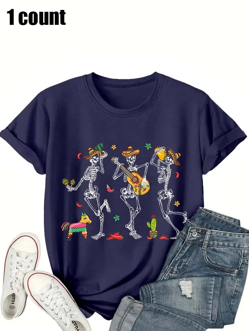 プラスサイズのレディース T シャツ、メキシコ スケルトン バンド プリント フォーク アート カジュアル ストリートウェア トップ