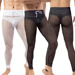 Mens Pajamas Mesh See Through Long Pants Sleepwear Hollow Out Fishnet Trousers Nightgown Sleep Bottoms Sexy Leggings Underwear