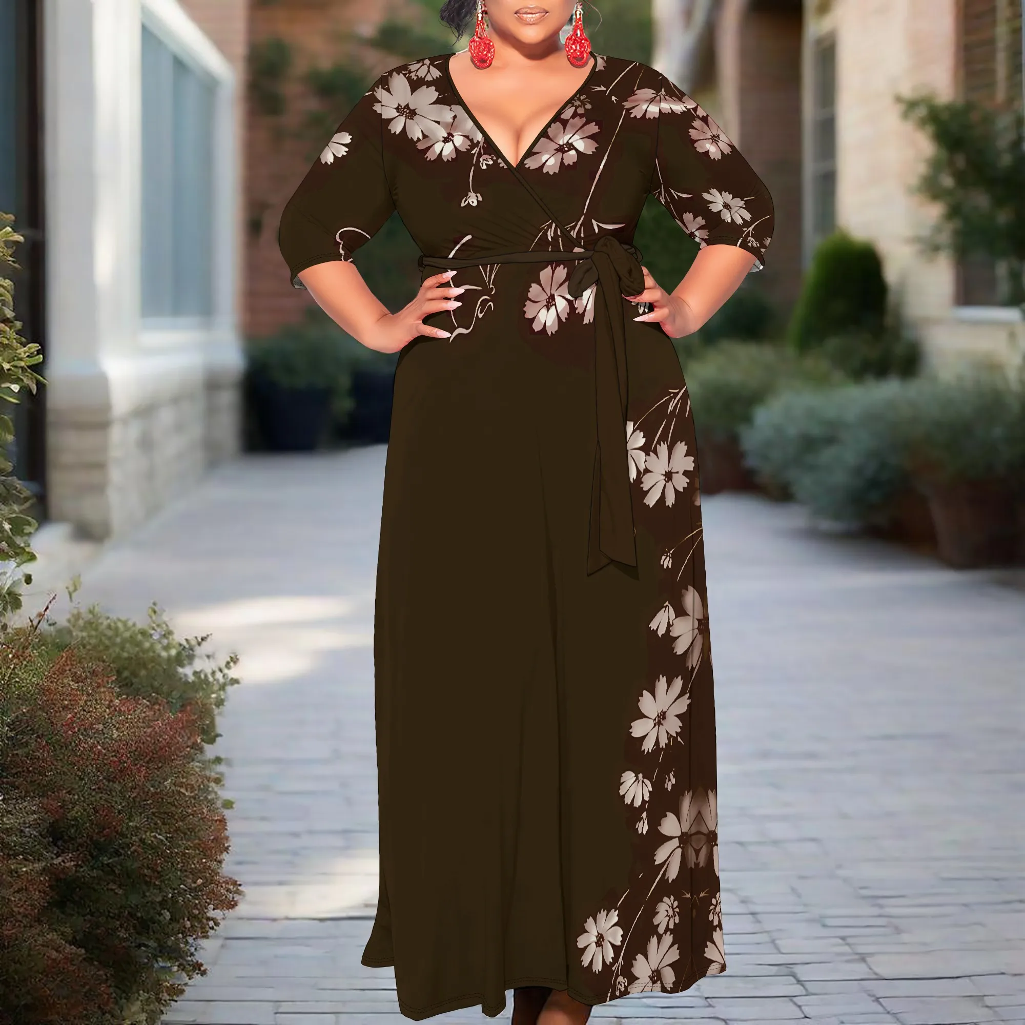 

Coffee Brown Floral Wrap Maxi Dress for Women - Bohemian Puff Sleeve Belted Holiday Style