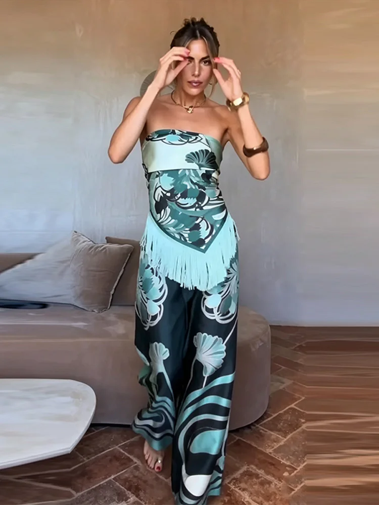 Bedruckte Quasten-Schnür-Oberteile und Hosen-Sets für Damen, sexy, trägerlos, ärmellos, rückenfrei, unregelmäßiger Saum, Oberteile, weite Hosen, schicke Outfits – Detail 3