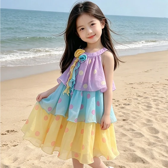 Girls Dress 2026 Spring and Summer New Children's Clothing Girls Baby Holiday Storm Point Hanging Neck Beach Sundress