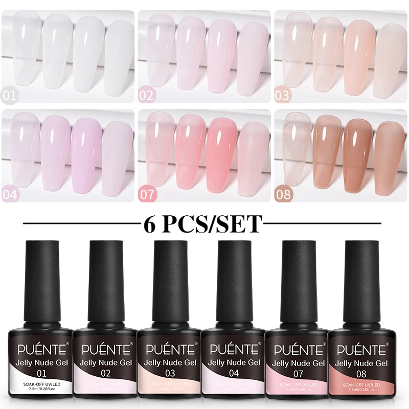 

PUENTE 6pcs Jelly Nude Gel Nail Polish Set Nude Pink Color Glitter Nail Gel For Manicure Soak Off UV Semi-Permanent Varnish Kit