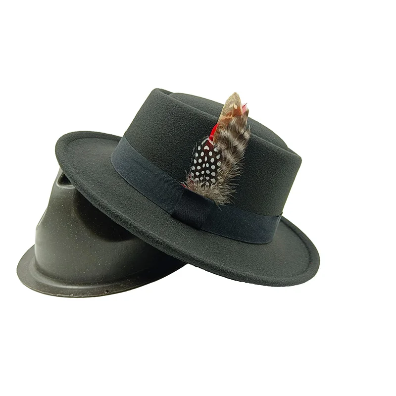 men fedoras jazz hats Porkpie hats Feather Flat Top hat  vintage Business winter Panama fashion sombrero hombre chapeu masculino