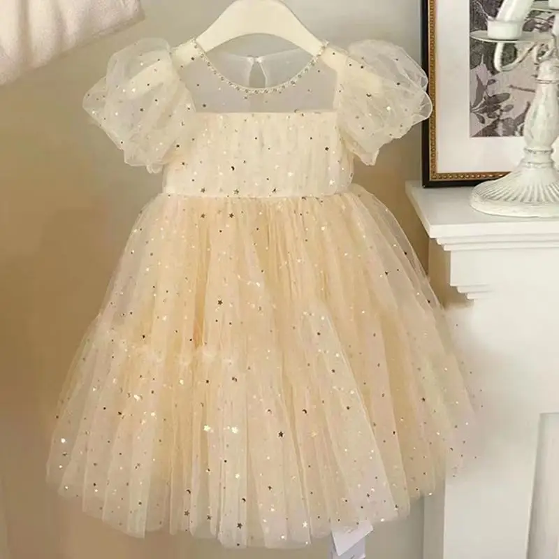 

Girl's Birthday Princess Dress Sweet Round Neck Sequin Patchwork Lace Short Sleeve Kids Clothing Bandage Gauze Summer Dresses