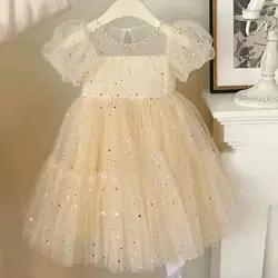 Vestido de princesa de cumpleaños para niña, dulce cuello redondo, lentejuelas, Patchwork, encaje, manga corta, ropa para niños, vendaje, gasa, vestidos de verano