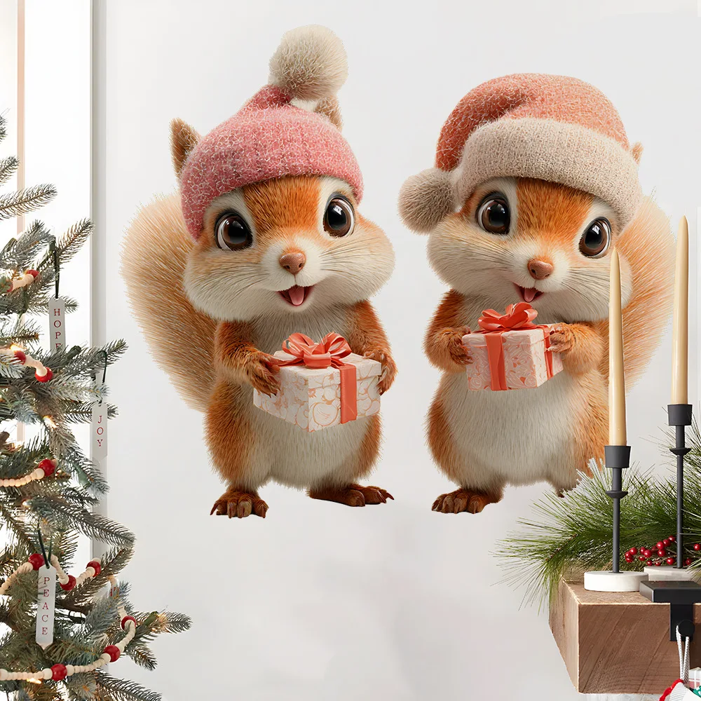 Cartoon Christmas Hat Little Squirrel Christmas Gift Wall Sticker Christmas Room Decoration Wall Sticker Self-Adhesive