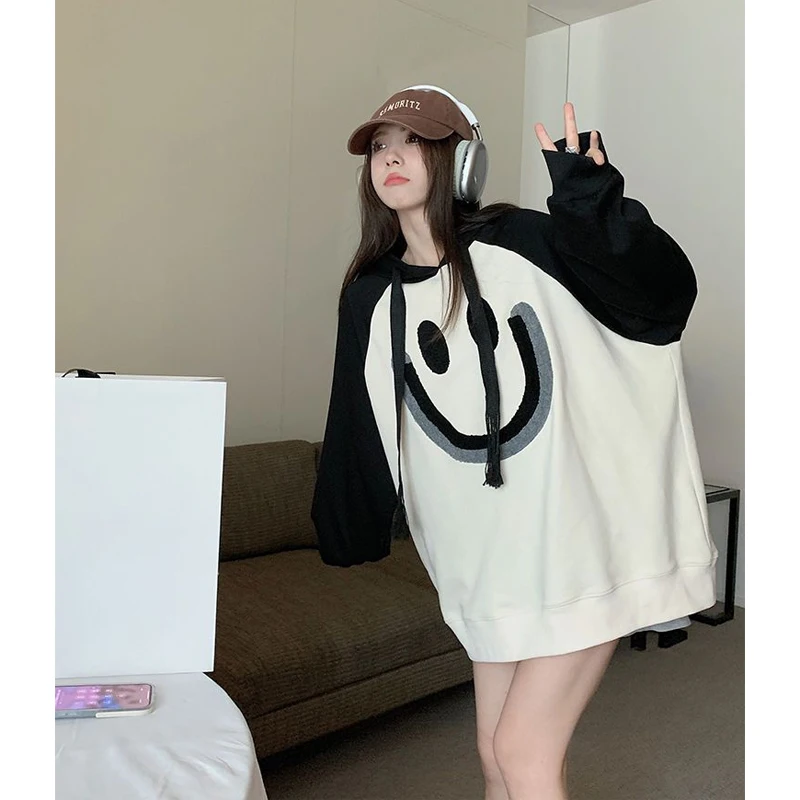 Hoodie perca kontras tipis, pakaian wanita Korea, pullover kasual longgar, bordir, lengan panjang, Hoodie perca kontras tipis, baru, musim semi, musim gugur