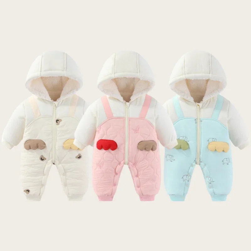 

Baby Boy Girl Hooded Cotton-Padded Onesie 0-24M Bodysuit for Newborns Cartoon Animal Print Warm Romper Winter Outerwear Jumpsuit