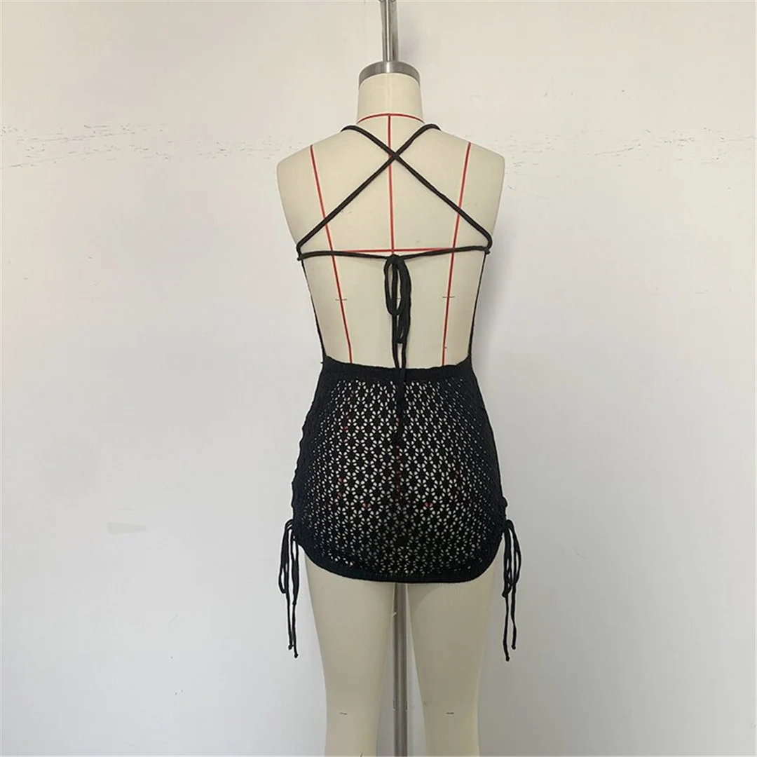 Ausgehöhltes, mit Häkelstrick verziertes Minikleid mit Kreuzrücken, Strandkleid, Strandmode, Strandbekleidung, Strandüberwurf, Damen V6470 – Detail 23