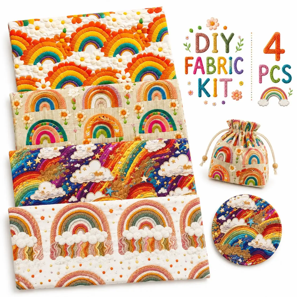 Pre-cut 4pcs 20X20cm Imitation Embroidery Colorful Cloud Series 2d Flat 100% Polyester Fabric Set, Precut Quilting Squares