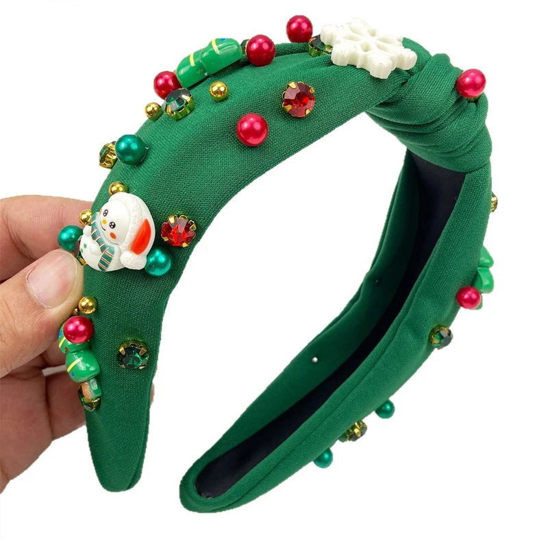 ที่คาดผมคริสต์มาสสำหรับผู้หญิง 1 ชิ้น ลายเกล็ดหิมะสีแดงและเขียว ประดับมุกและเพชร ขอบกว้าง ดีไซน์หรู