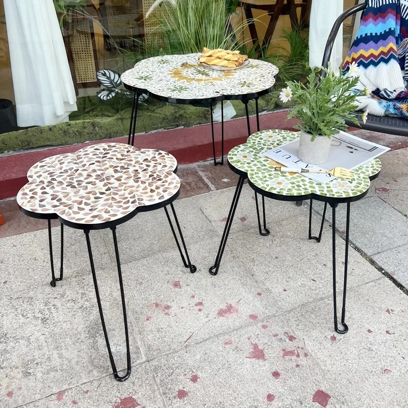 

Nordic Light Luxury Shell Tray Creative Flower Shape Sofa Table Handmade Balcony Kitchen Round Foldable Storage Tray with Feet