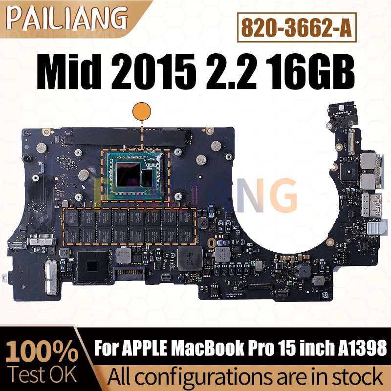 

For APPLE A1398 Motherboard 820-3662-A For Macbook Pro Retina 15inch SR1J8 Mid 2015 2.2 GHZ With 16GB Memory logic board