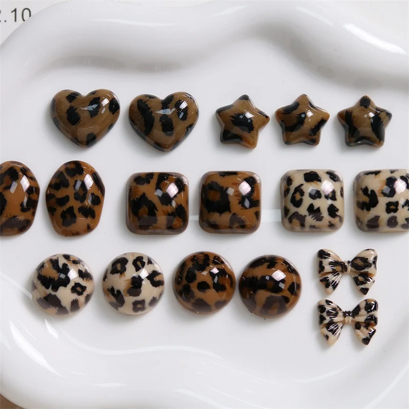 2024Newest 50pcs/lot color leopard print geometry rounds square hearts shape resin cabochon beads diy jewelry accessory