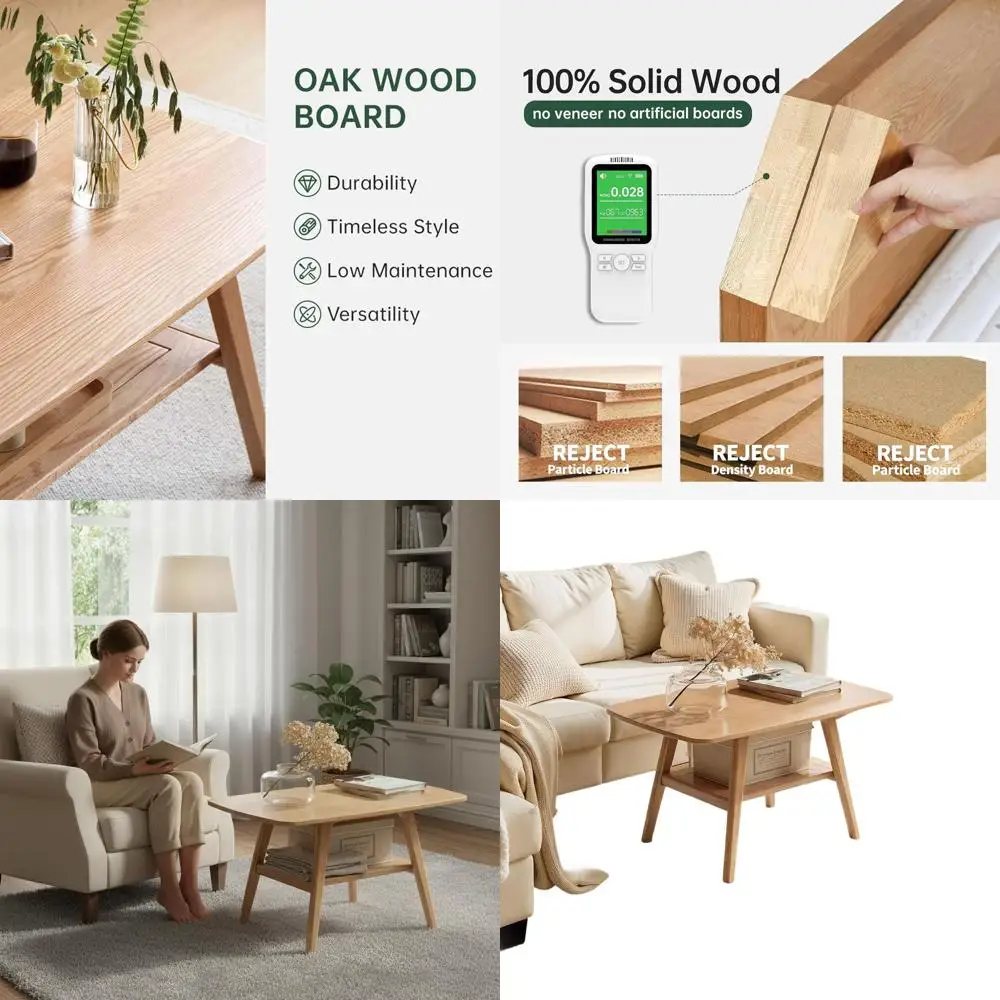 Mid-Century 2-Tier Oak Coffee Table with Storage and Rounded Corners, 31.5 Length