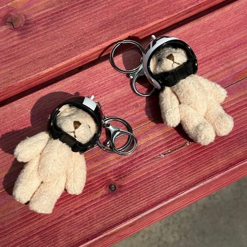 Lovely Helmeted Bear Charm Keychains Y2K Plush Ornament Pendant Car Keyring Backpack Decoration Bag Charm Jewelry