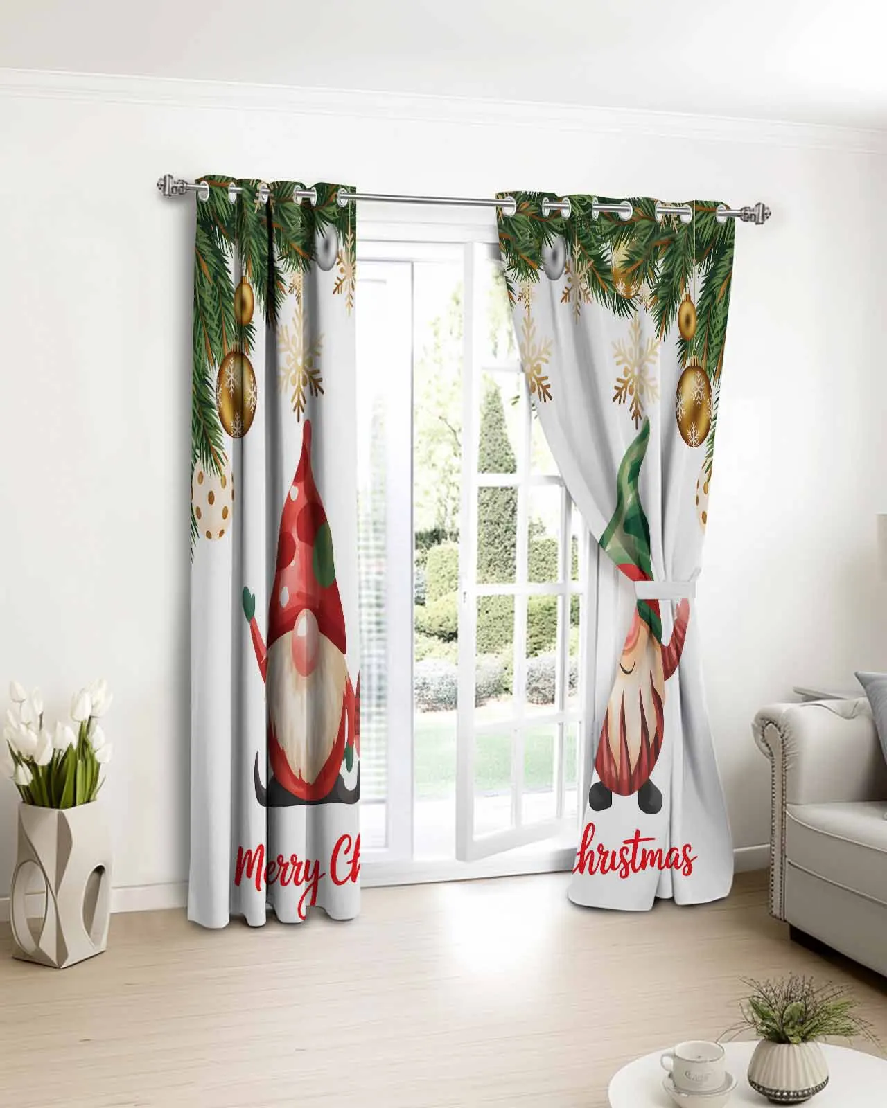 

2pcs, 1 panel Christmas Dwarf Colored Ball Polyester Window Curtains For Living Room Kitchen Bedroom Drapes