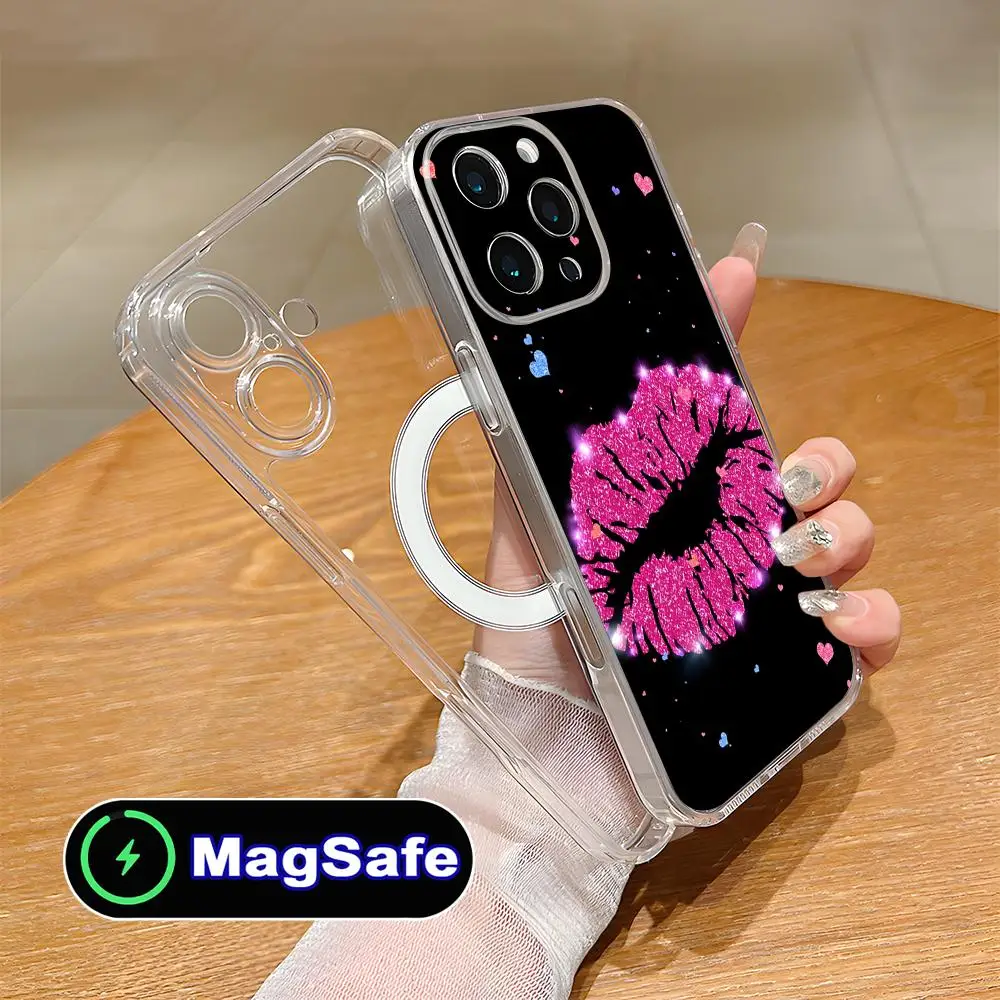 

Kiss Lips Cute Clear TPU Magsafe Mobile Phone Case for iPhone 17 16 15 14 13 12 11 Air Pro Max Plus Mini Colorful Cover
