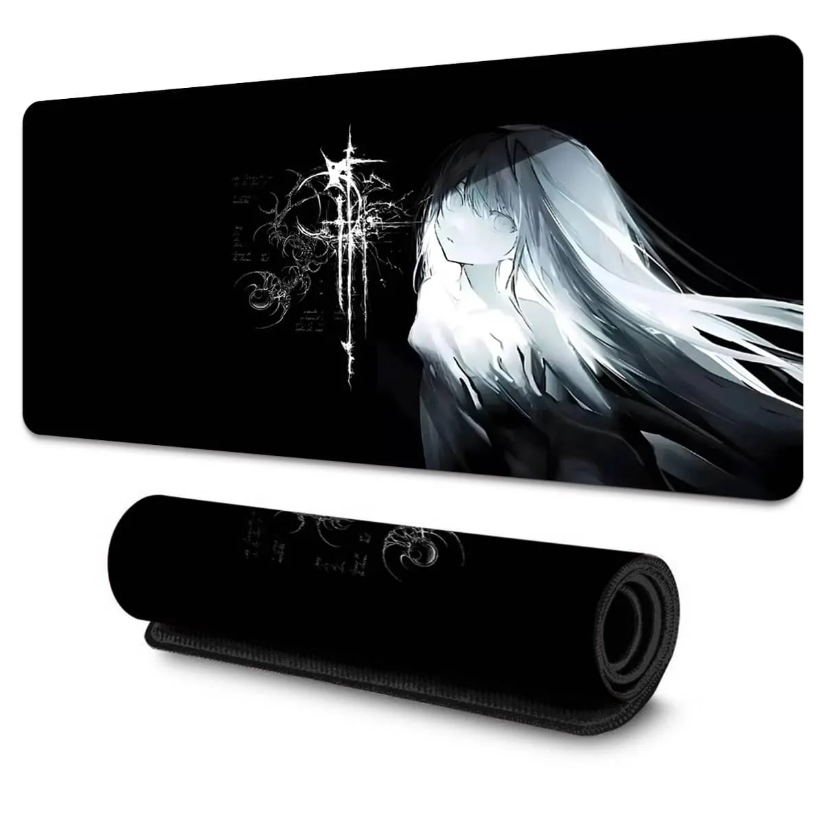 

Black White Anime Girl Ornate Symbol Mouse Pad Multi-size Non-Slip Stitched Edge Computer Keyboard Desk Mat For Office Home