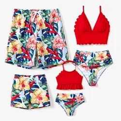 PatPat Family Matching Floral Drawstring Swim Trunks or Ruched Shell Edge Bikini with Optional Swim Cover Up