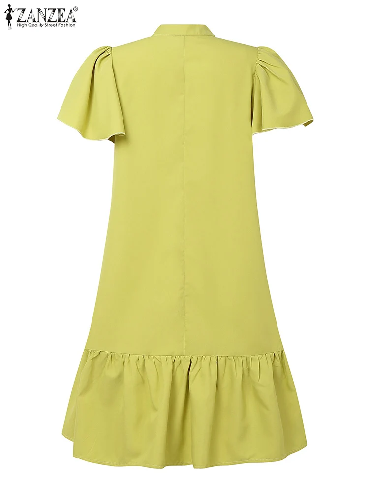 Stilvolle Rüschen Damenkleider 2025, ZANZEA Sommerkleid, Stehkragen, kurze Ärmel, Arbeit, Vestidos, Mode, Urlaub, Sommerkleid, Minikleid