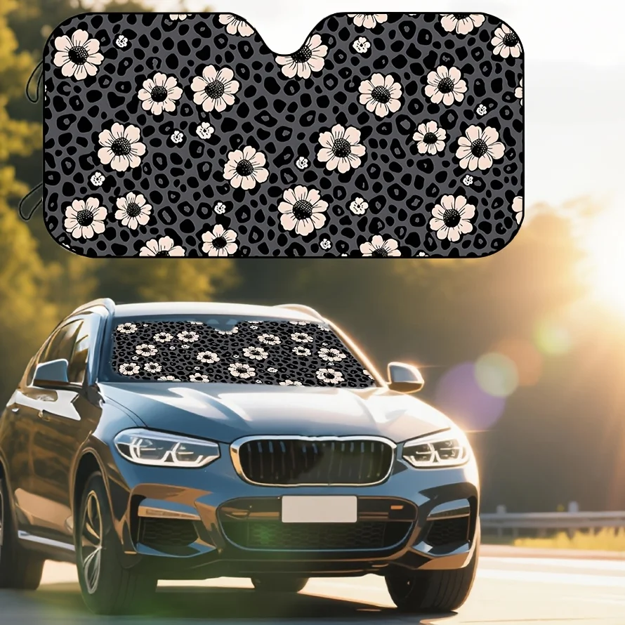 Floral Leopard Print Car Sunshade – Stylish Front Window Shade For UV Protection And Privacy, Perfect For Daily Driving And Trav