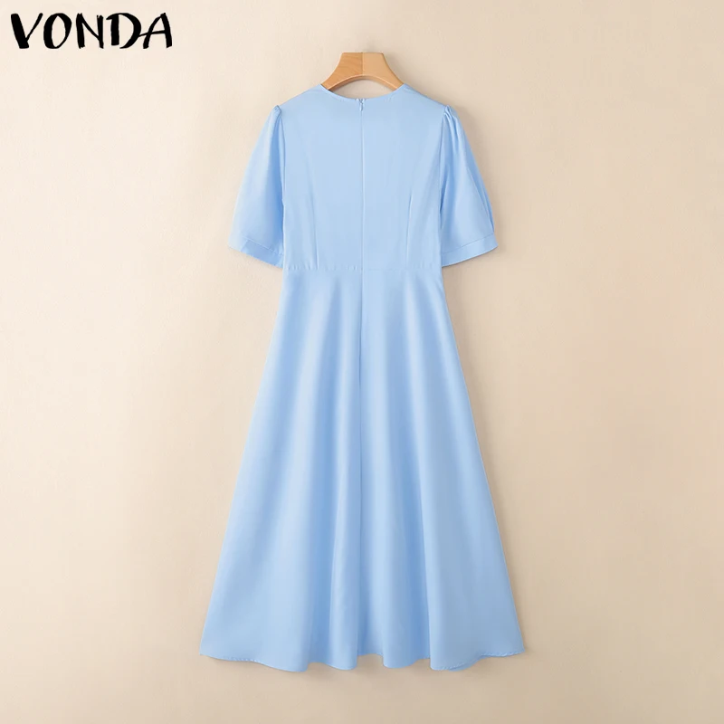 VONDA レディース ロングシャツワンピース 2025 夏 パーティー エレガント ミディ丈 サマードレス セクシー Vネック カジュアル 無地 半袖 ローブ ワンピース
