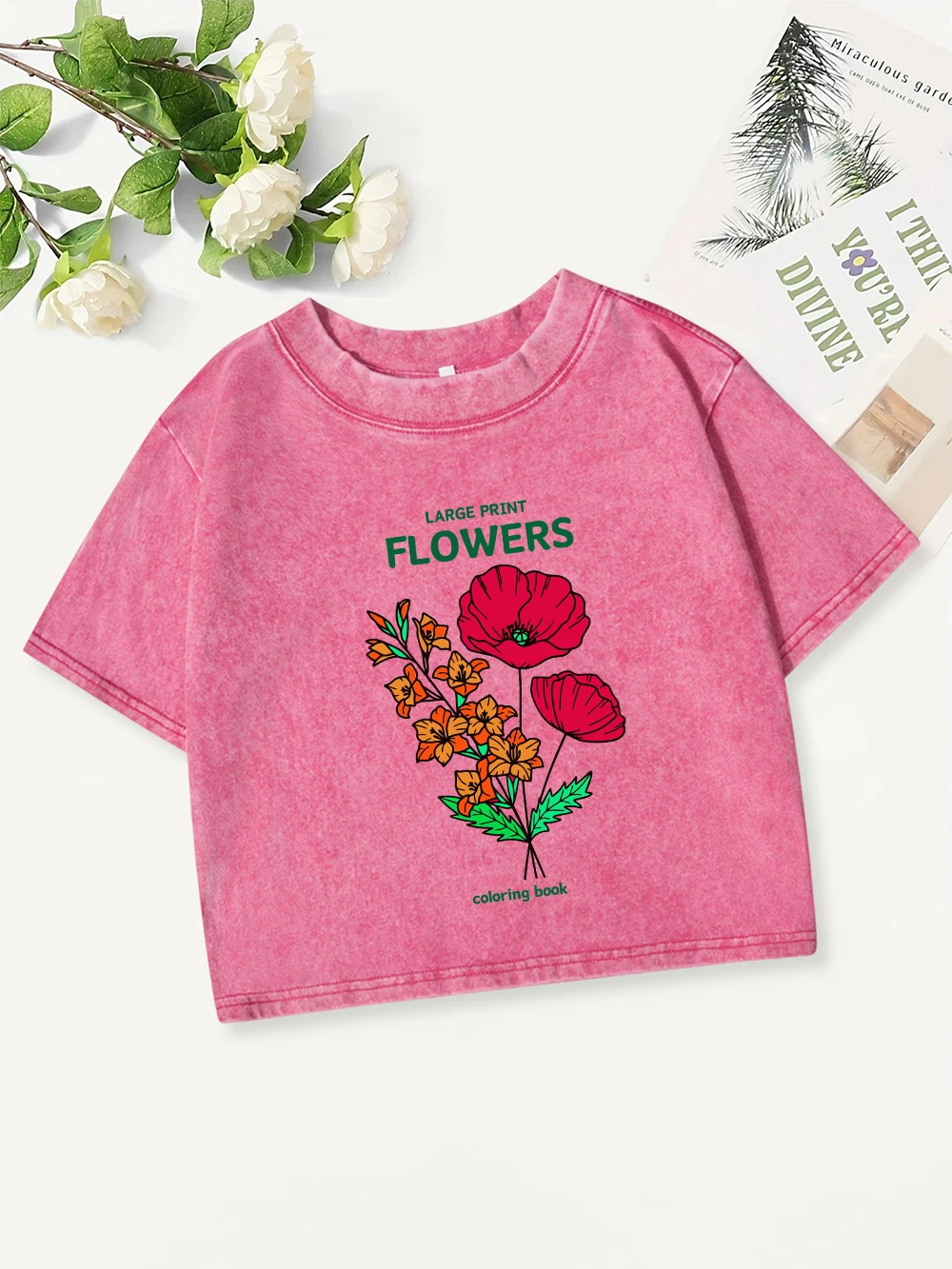 

Летние хлопковые укороченные топы, женские футболки с большим принтом цветов и раскрасками, стираные футболки Y2K, обычные футболки с круглым вырезом, повседневная одежда