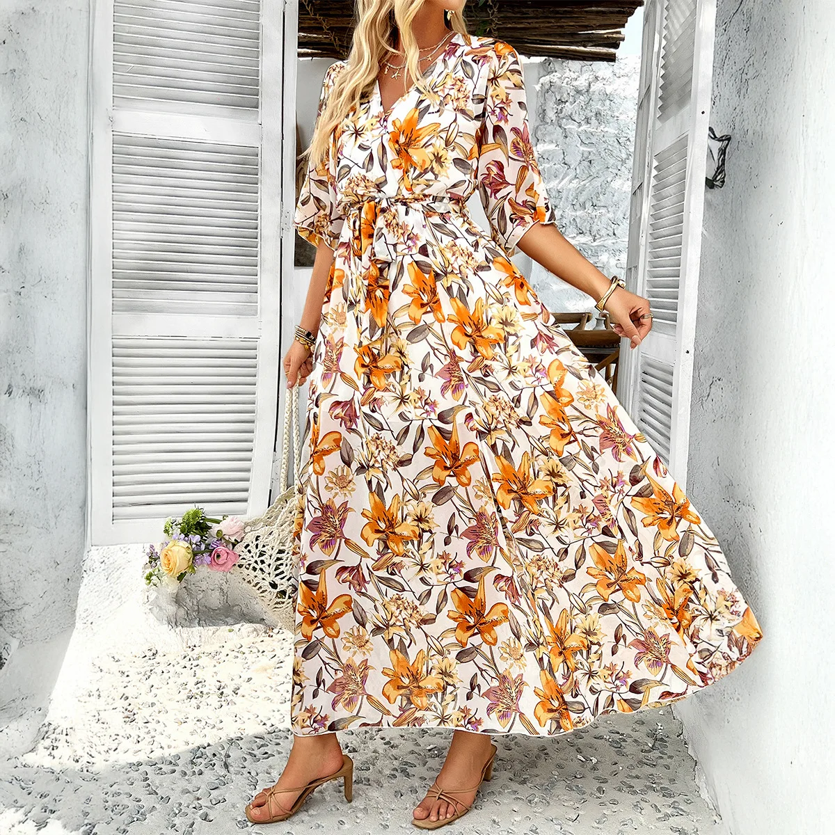 Elegant Floral Boho Women's Summer Long Dress For Beach Sexy V-Neck Short Sleeve Sundress Holiday Casual Printed Maxi Dresses
