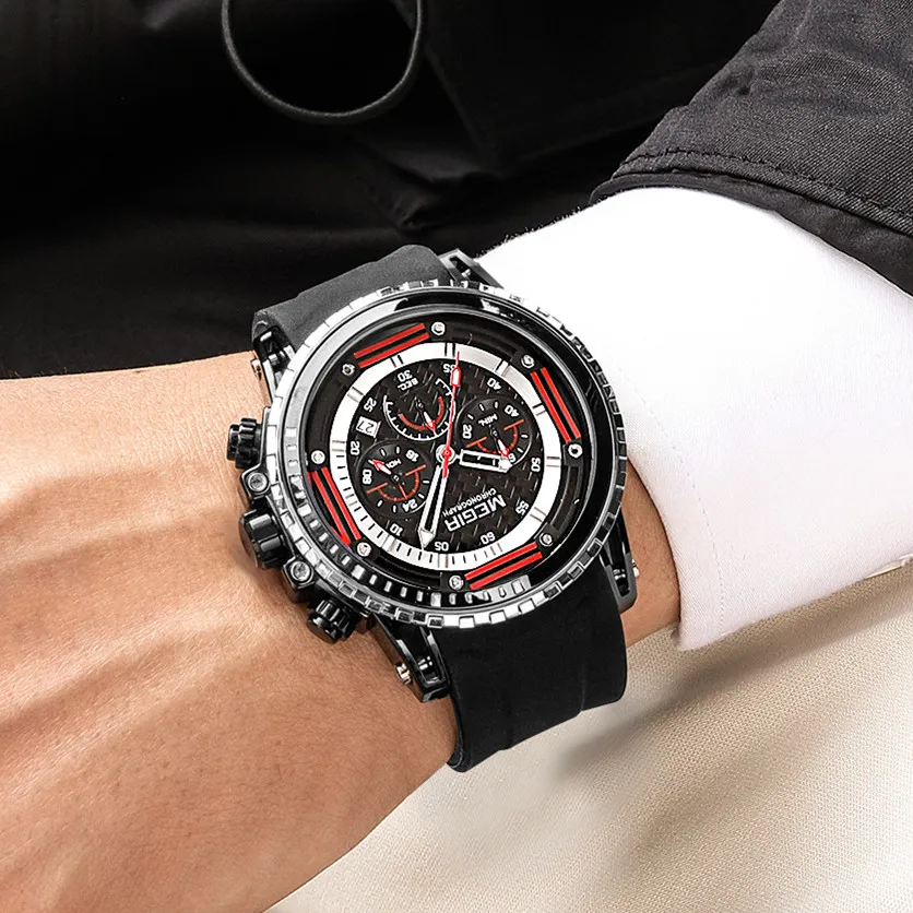 MEGIR Luxury Brand Men Sports Watches Silicone Strap Military Quartz Waterproof Chronograph Clock Male Wristwatches Auto Date