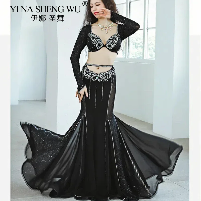 새로운 밸리 댄스 공연 의상 블랙 긴 소매 중공 피쉬 테일 스커트 여성 전문 경쟁 공연 댄스 세트