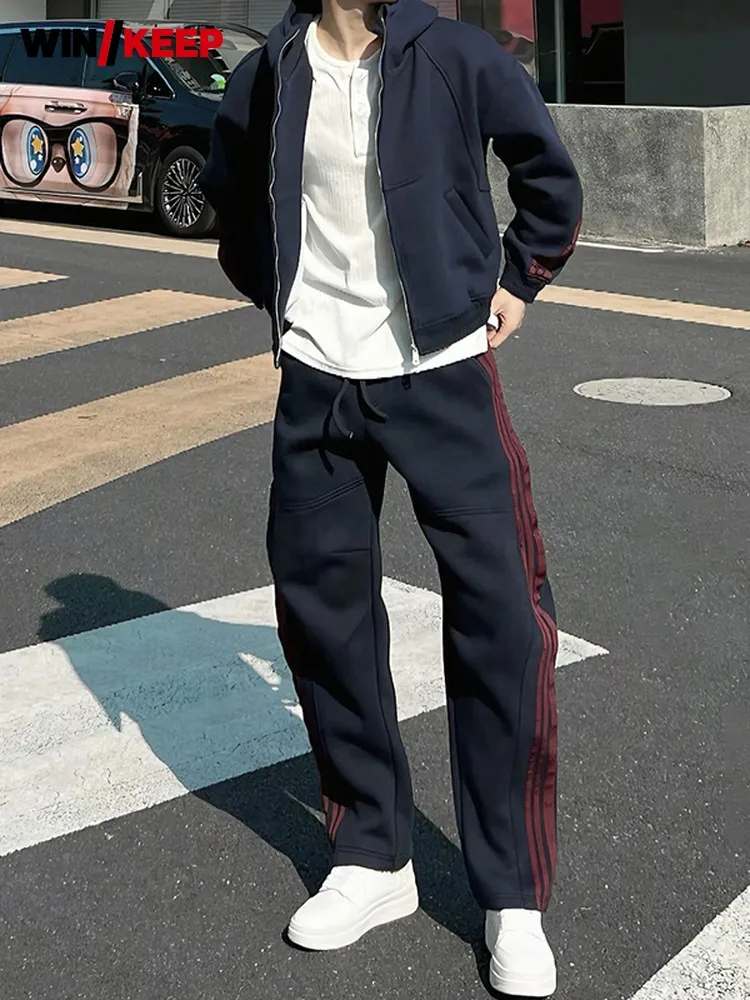 Mens Thick Outdoor Running Set Side Striped Hooded Sweatshirt Pants Two Piece Sport Set New Loose Fit Jogging Fitness Tracksuit