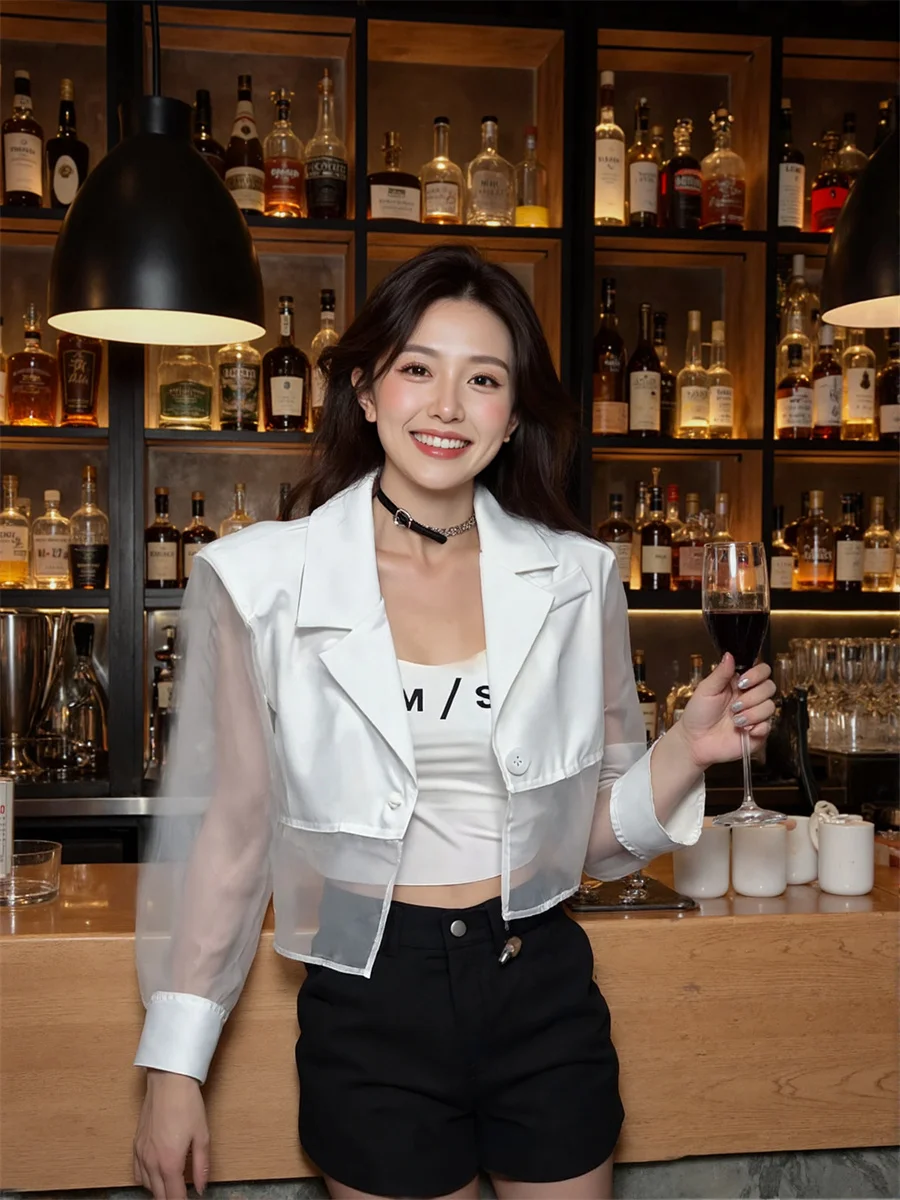 

Sun-proof Cropped See-through Back-Slit Blazers Elegant Woman Clothes For Women Sequin Light Double-Layer Western-Style Premium