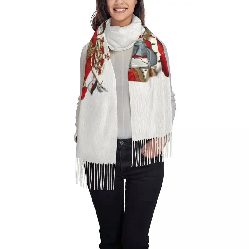 Fashion Coat Of Arms Over White Leather Tassel Scarf Women Winter Fall Warm Shawls Wraps Female Knights Templar Shield Scarves