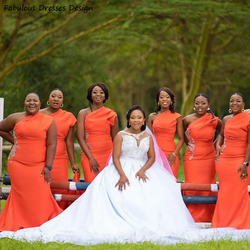 

Formal Orange One Shoulder Bridesmaid Dresses Long Mermaid Applique Lace Wedding Party Dress African Women Maid Of Honor