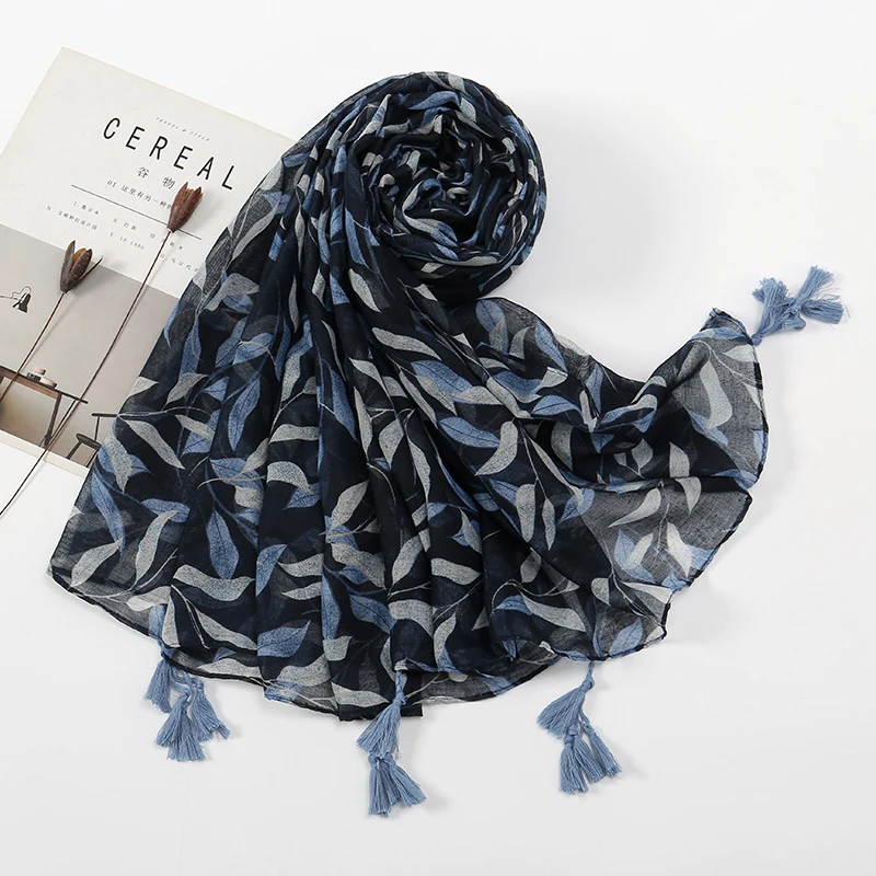 Temperament Tassel Scarf Shawl Wrap Women Cotton Viscose Stoles Leaf Print Nackerchief Thin Travel Head Scarf Pashmina