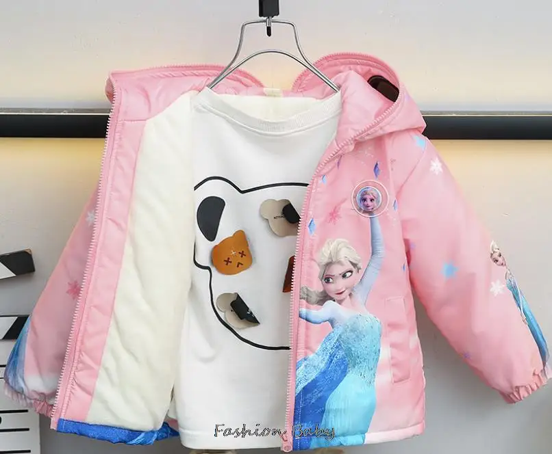 European And American Girls\' Frozen Elsa Cute Coat Autumn Winter Cotton Hooded Cardigan Sweatshirt Girl Plush Coat Birthday Gift