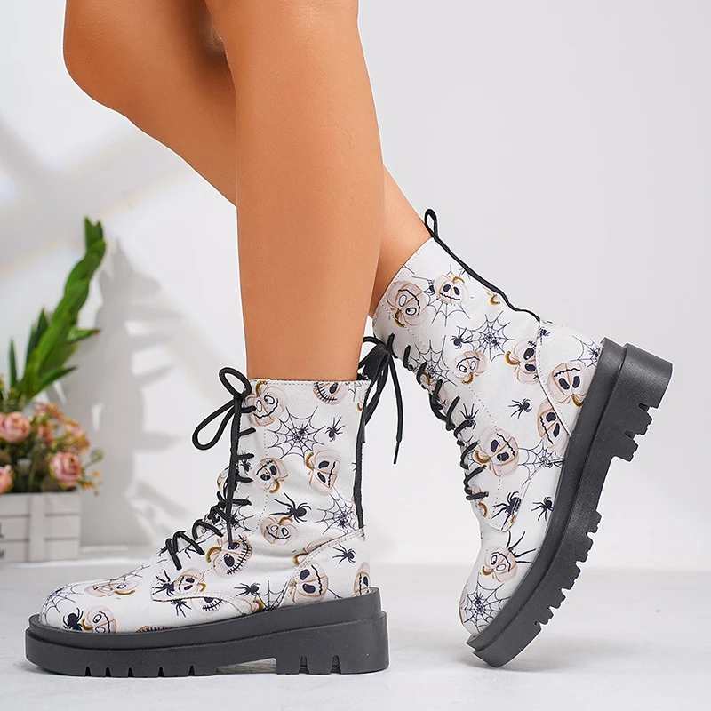 Women\'s Fashion Graffiti Printed Ankle Boots Platform Lace Up Flat Combat Booties Woman Non Slip Pu Leather Short Botines Mujer