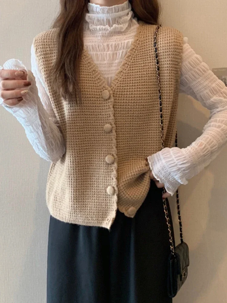 Suéter de otoño, chaleco para mujer, cárdigan de punto coreano, chaleco para mujer, moda Vintage sin mangas, prendas de punto de una sola botonadura, Tops informales