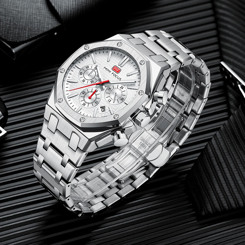 MINI FOCUS Fashion Sports Quartz Watch for Men Multifunctional Dial Calendar Stainless Steel Strap Waterproof Mens Watches 0609G
